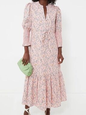 Floral Pink Maxi Dress with Tie Waist and Smocked Sleeves